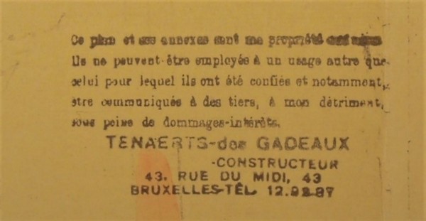 Cachet de Louis Tenaerts sur les plans de l’immeuble avenue Buyl 144-146, 1939, Archives communales d'Ixelles, Urbanisme 4-144-146.